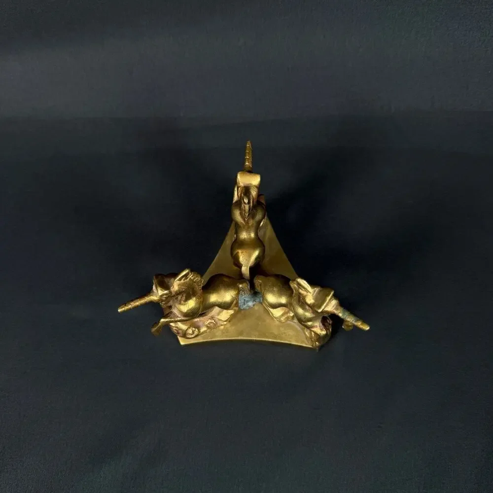 Vintage Brass Triple Unicorn Figurine Statue Horse Mythology Decor